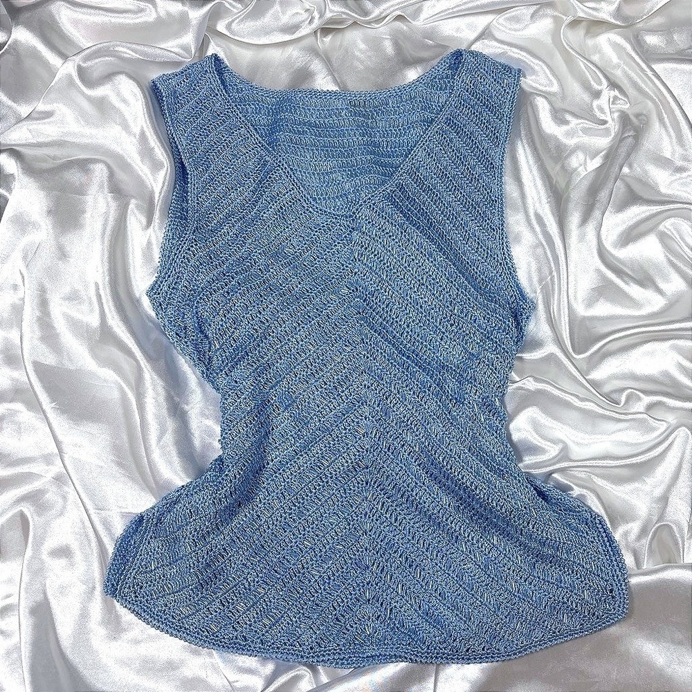 y2k beaded Crochet Tank Top Blue V-Neck Chevron Knit Sleeveless